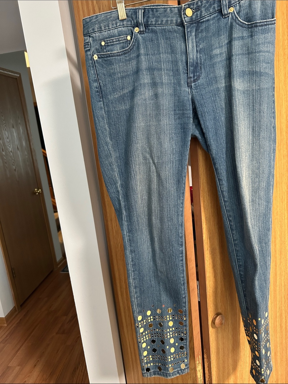 Michael Kors Faded Blue Ankle Jeans with Embellished Hem